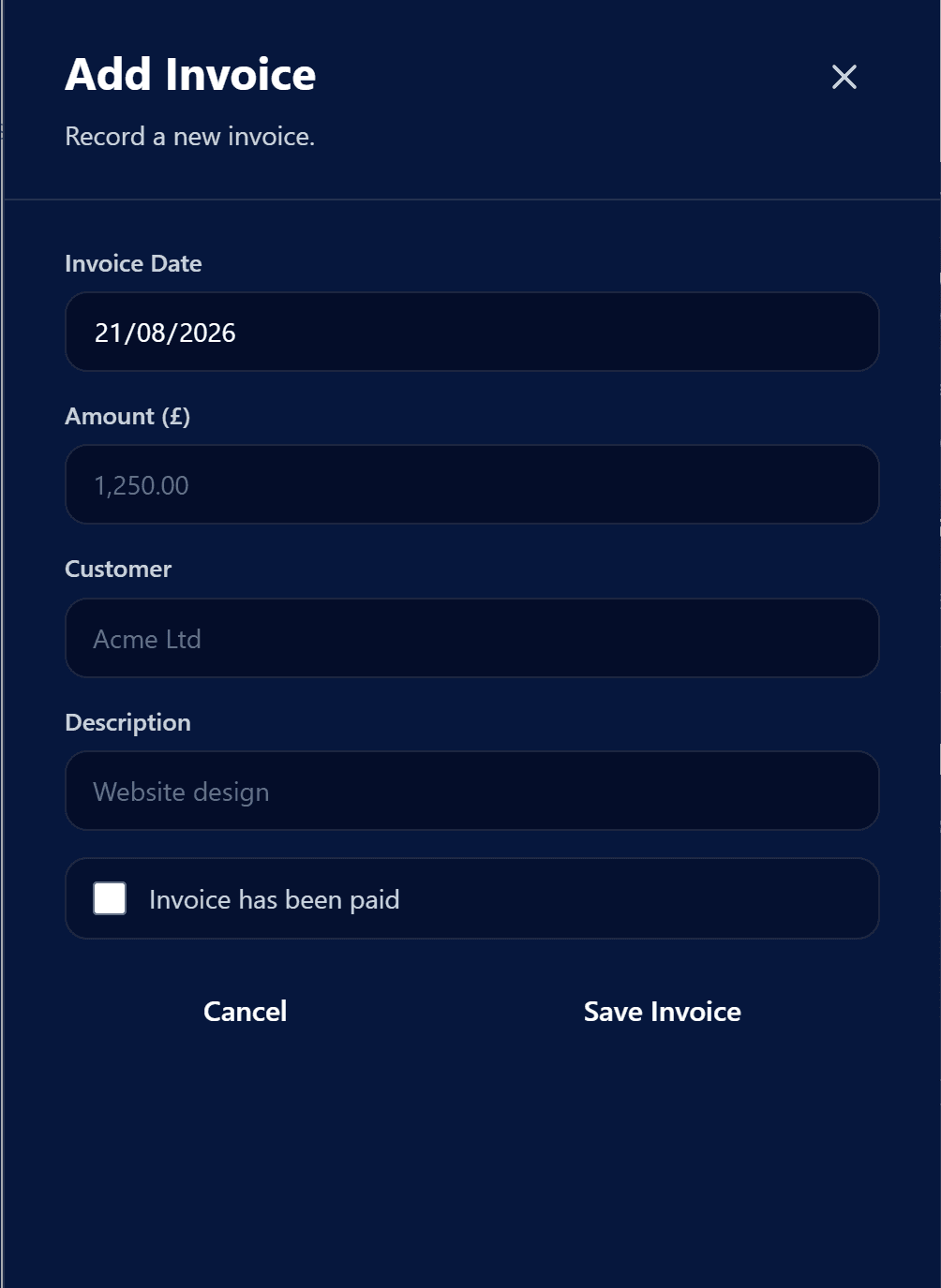 TaxVault Add Invoice form on a mobile device