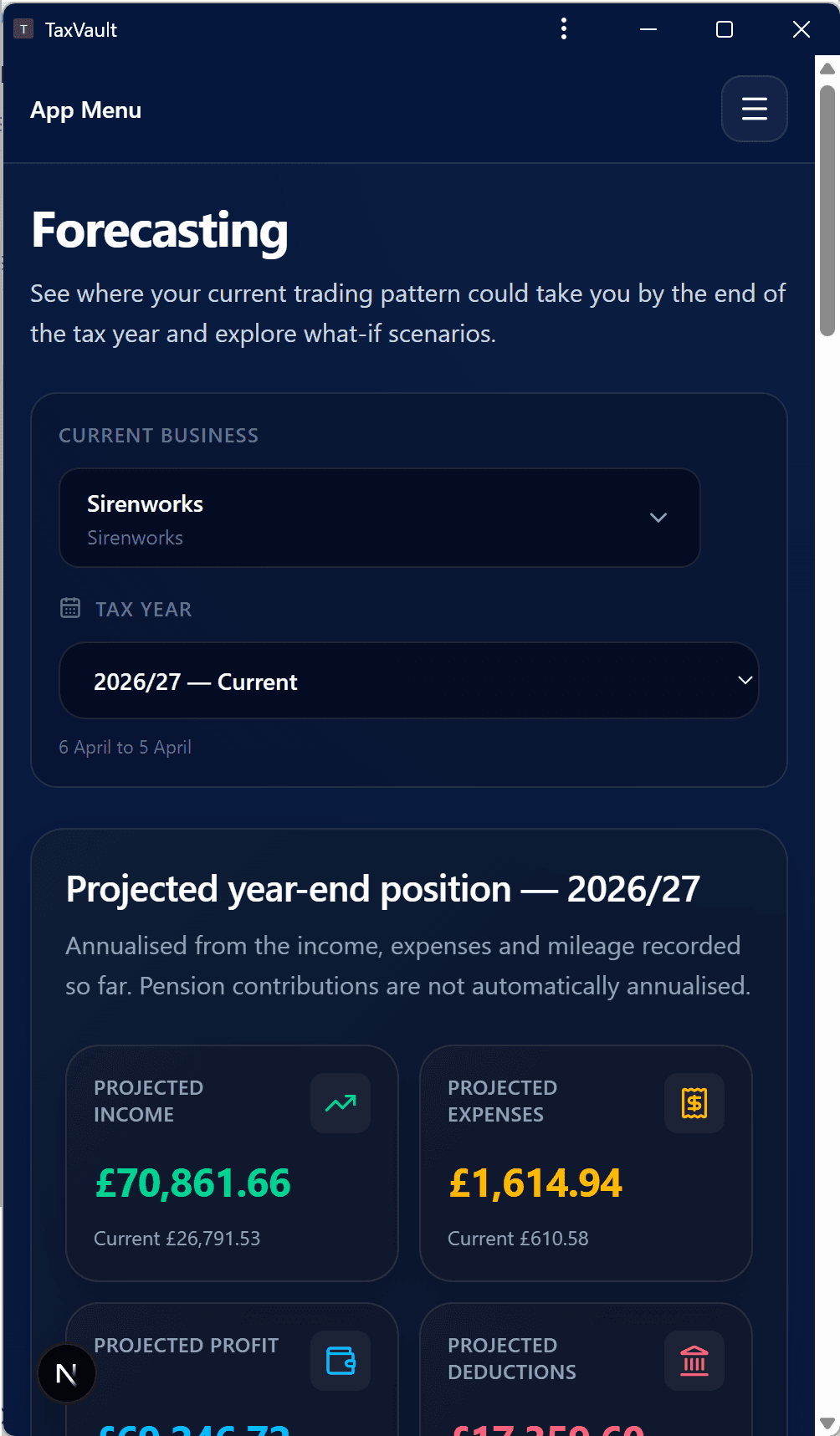 TaxVault forecasting screen showing projected income, expenses and year-end tax position