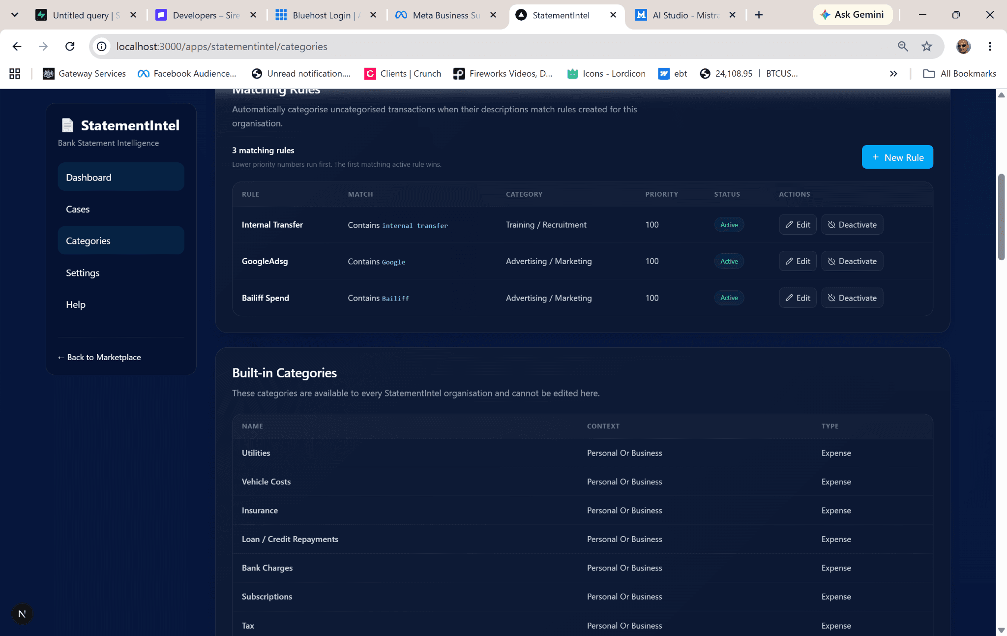 StatementIntel matching rules and categories