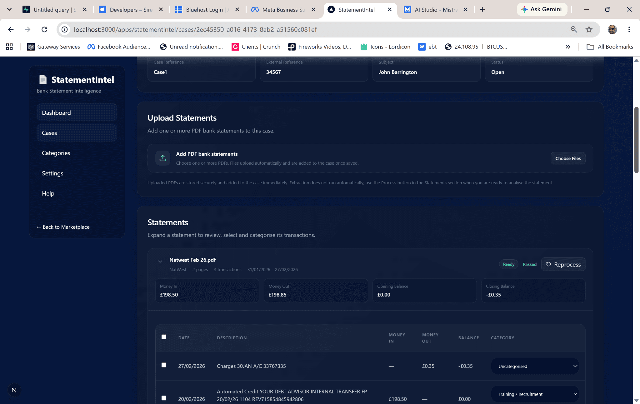 StatementIntel case with uploaded statement and extracted transactions